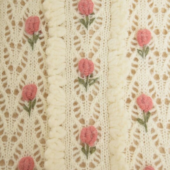 vintage 70s sweater cream pointelle rosettes belted hippie boho jumper top S - Picture 4 of 10